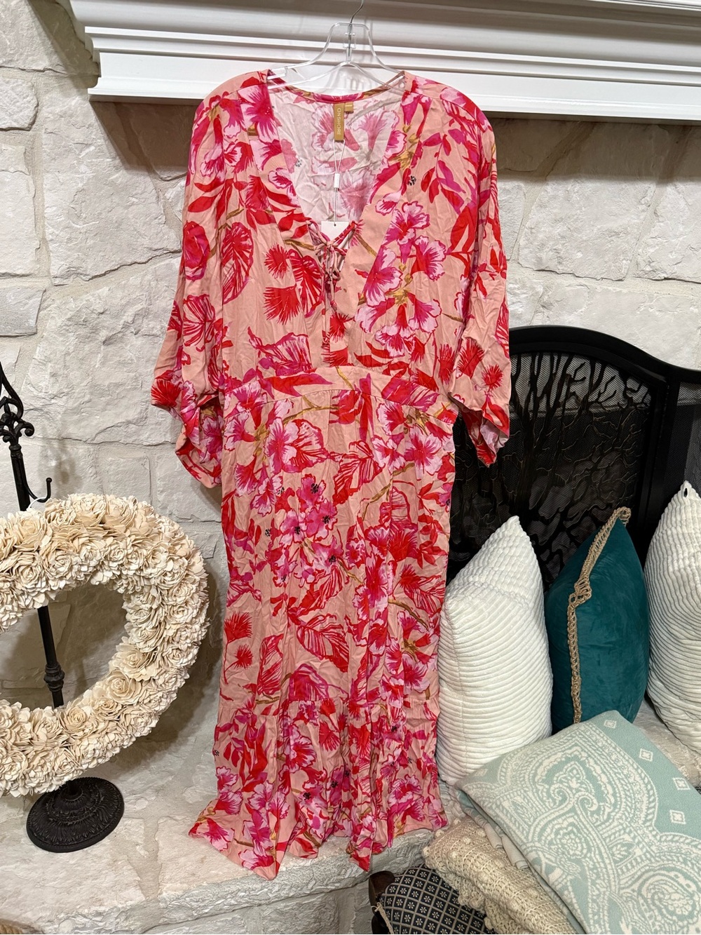Pink & Red Floral V-Neck Maxi Dress Resort Wear